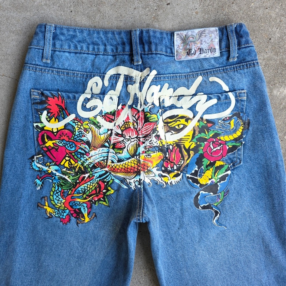 Ed Hardy Jeans Size 28 (30" Waist)‎ Painted Tattoo Dragon Koi Y2K Baggy Low Rise
